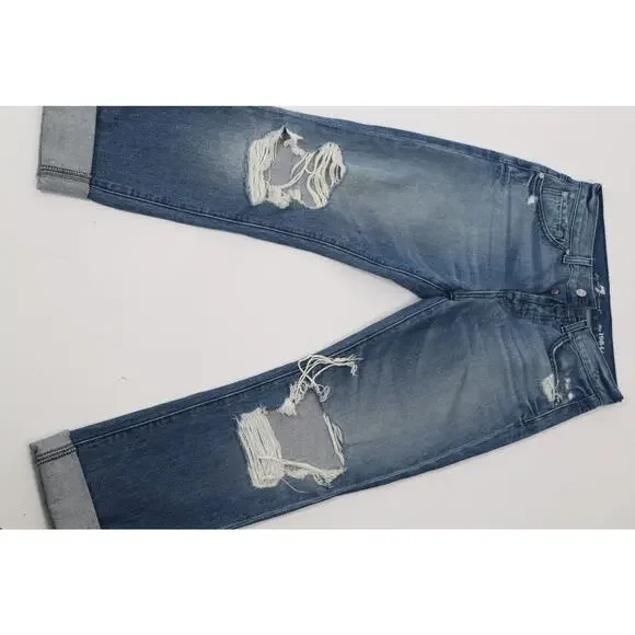 7 FOR ALL MANKIND Blue Denim Ripped Distressed Straight Leg Jeans Pants Size 26